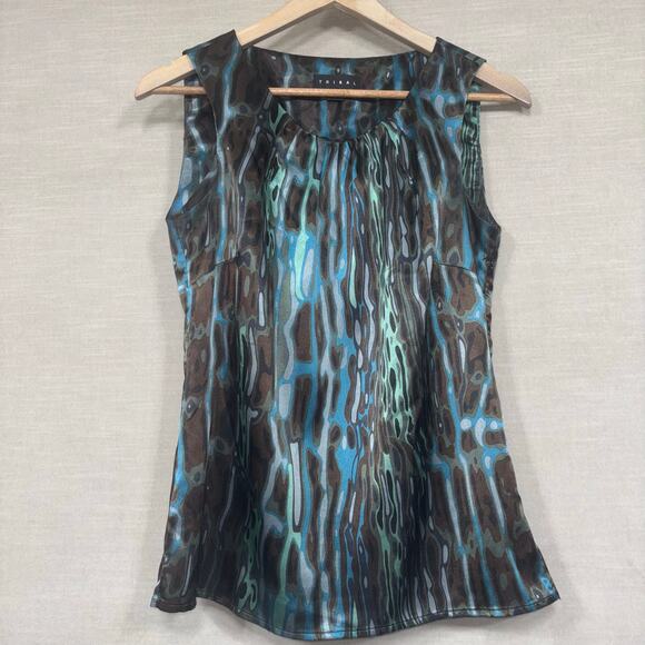 Tribal Silky Abstract Sleeveless Top Size 4 Liquid Statement Bold Artsy Eclectic - Picture 1 of 8